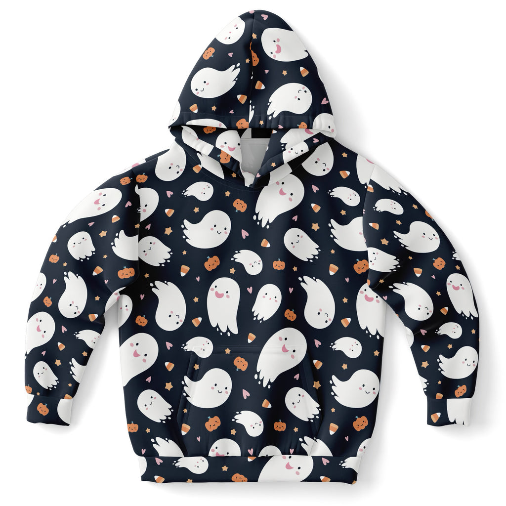 A navy blue kids ghost halloween hoodie with white ghosts orange pumpkins candy corn in cozy cotton fleece