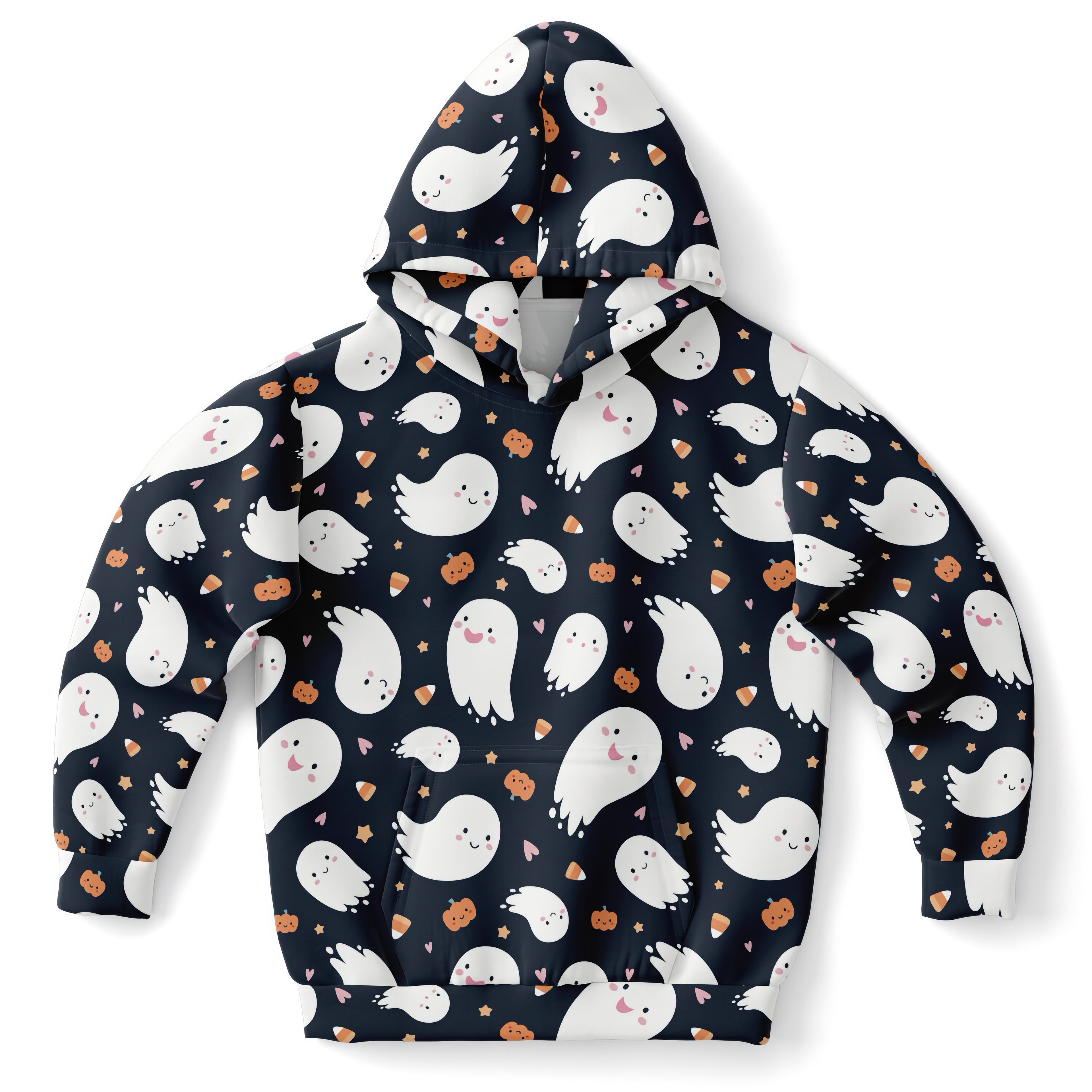 A navy blue kids ghost halloween hoodie with white ghosts orange pumpkins candy corn in cozy cotton fleece