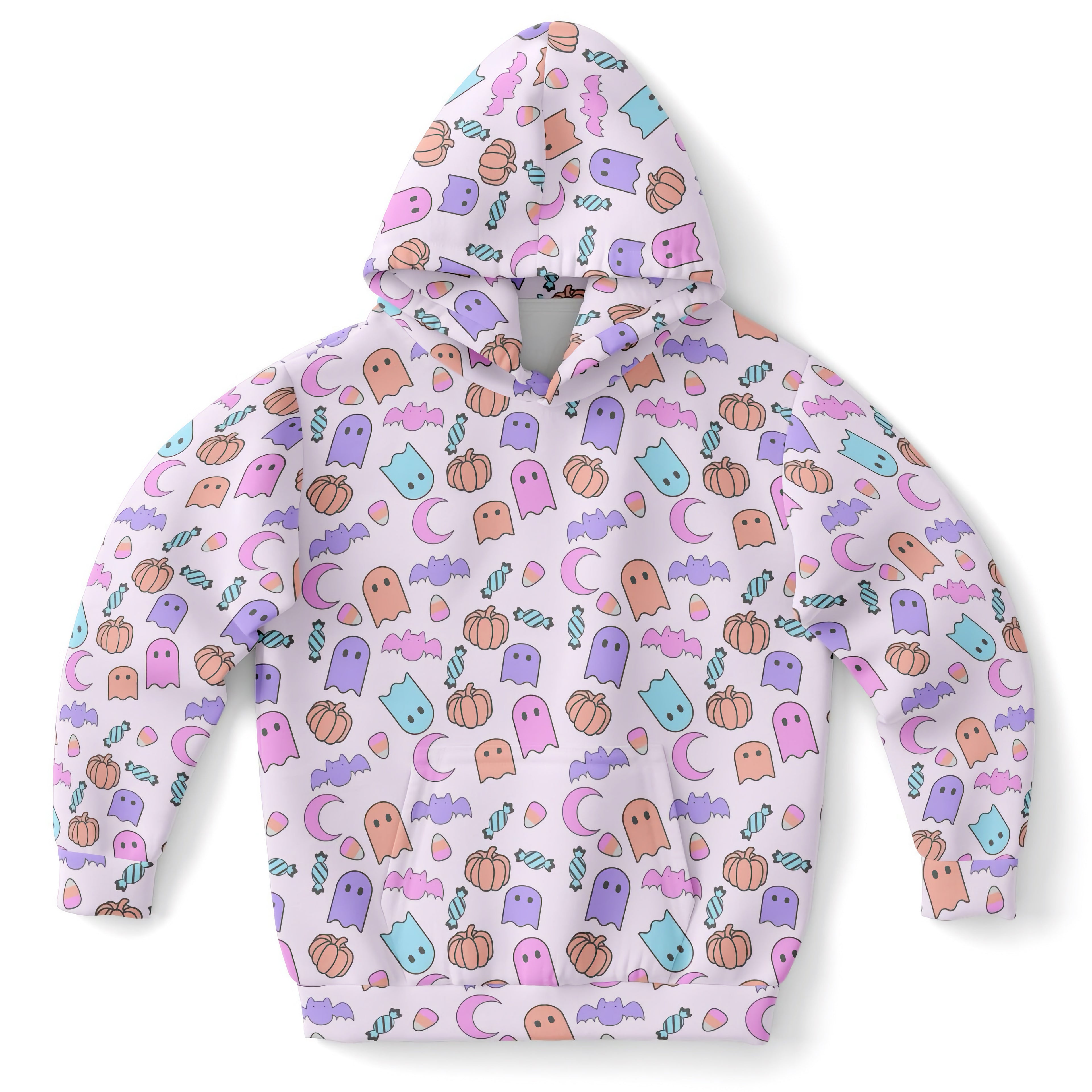 Girls pastel ghost halloween hoodie with playful ghost pumpkin bat candy pattern in pink purple teal cotton fleece