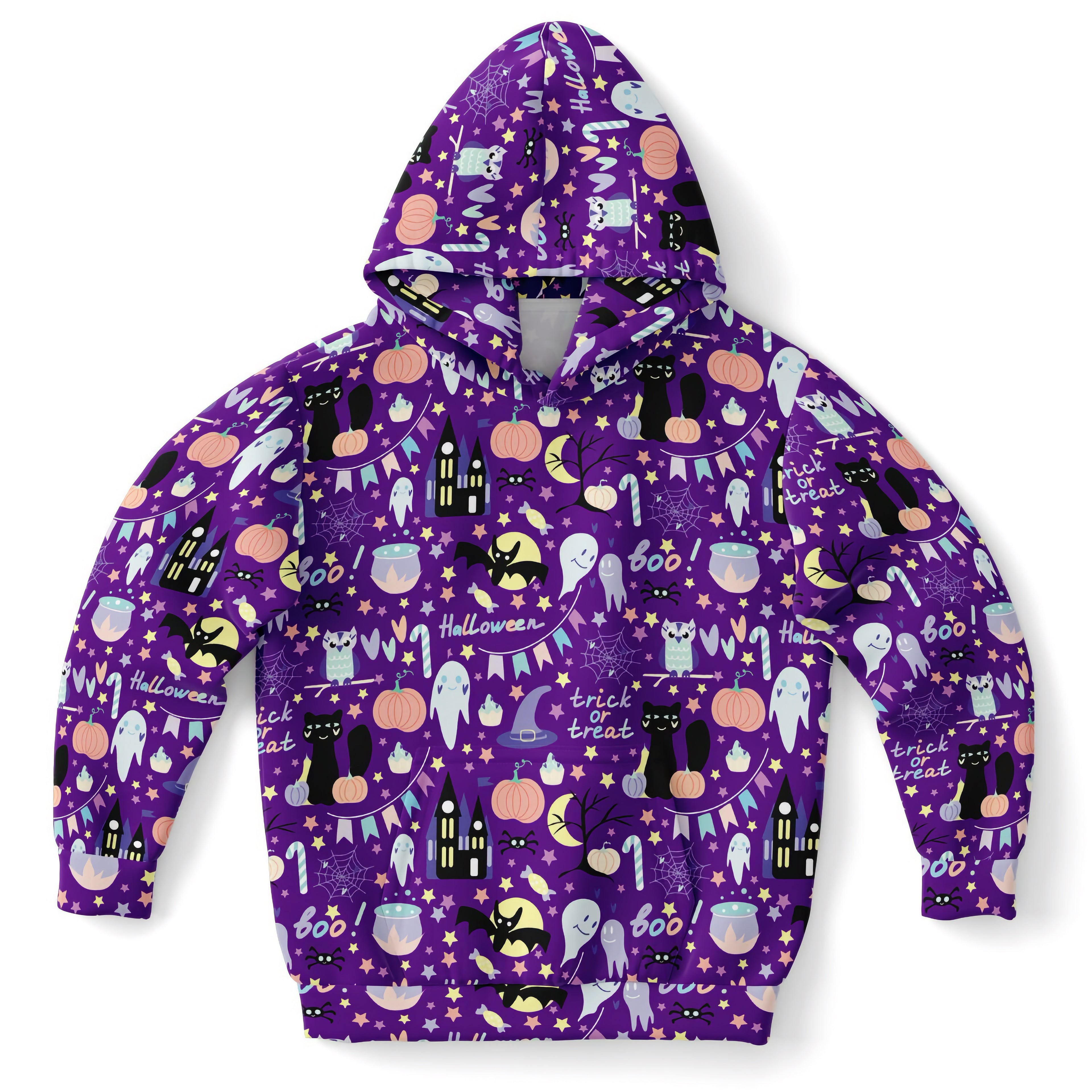Purple kids spooky halloween hoodie with ghost pumpkin bat cat pattern made of cozy cotton fleece or lightweight fabric