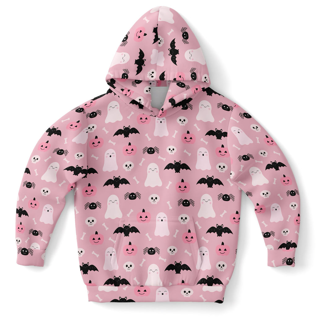 Girls cute ghost and bats pink halloween hoodie with black bats white ghosts pumpkins and spiders on cozy cotton fleece
