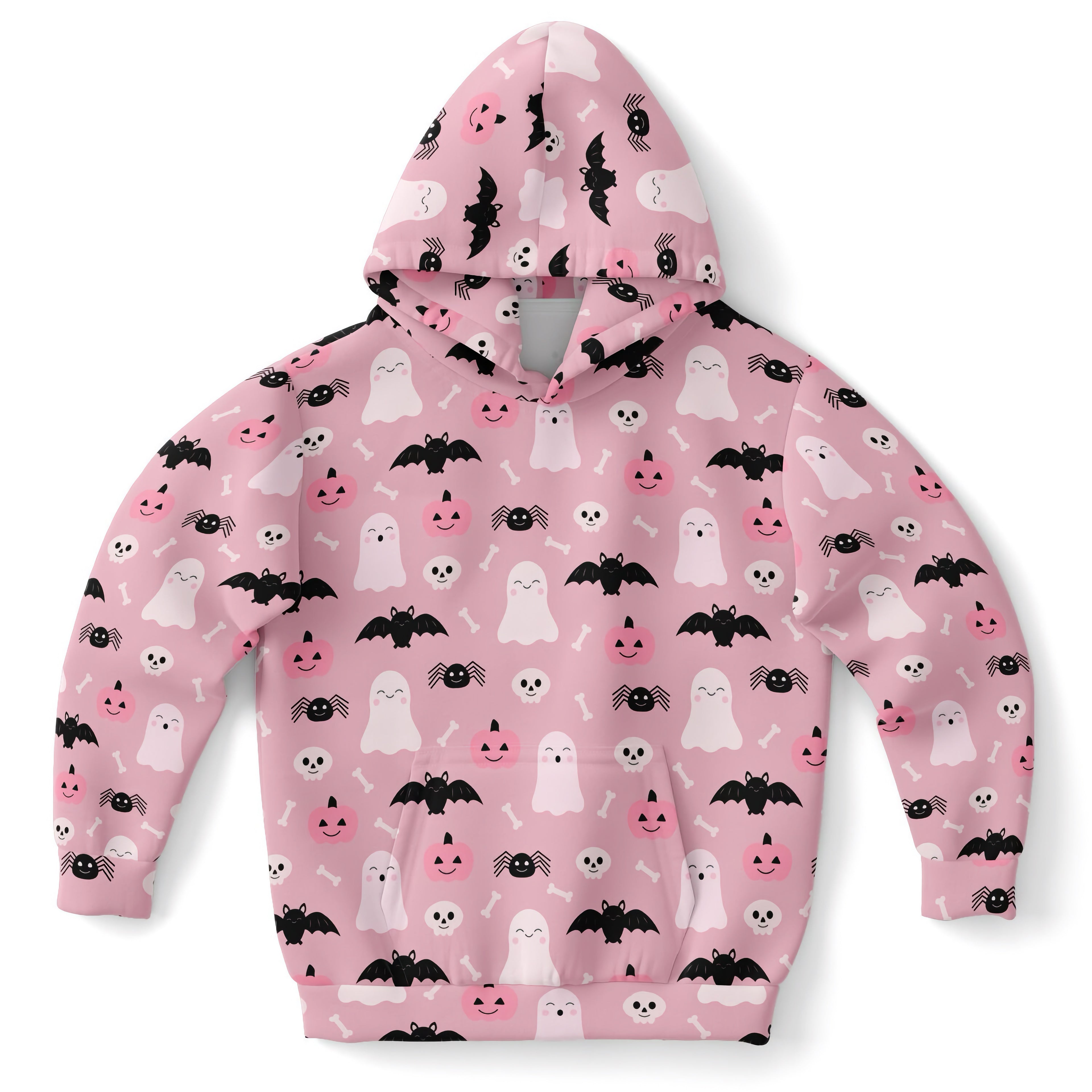 Girls cute ghost and bats pink halloween hoodie with black bats white ghosts pumpkins and spiders on cozy cotton fleece