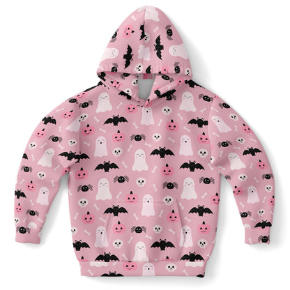 Girls Cute Ghost And Bats Pink Halloween Hoodie – Cozy Cotton Fleece or Lightweight Sports Fabric