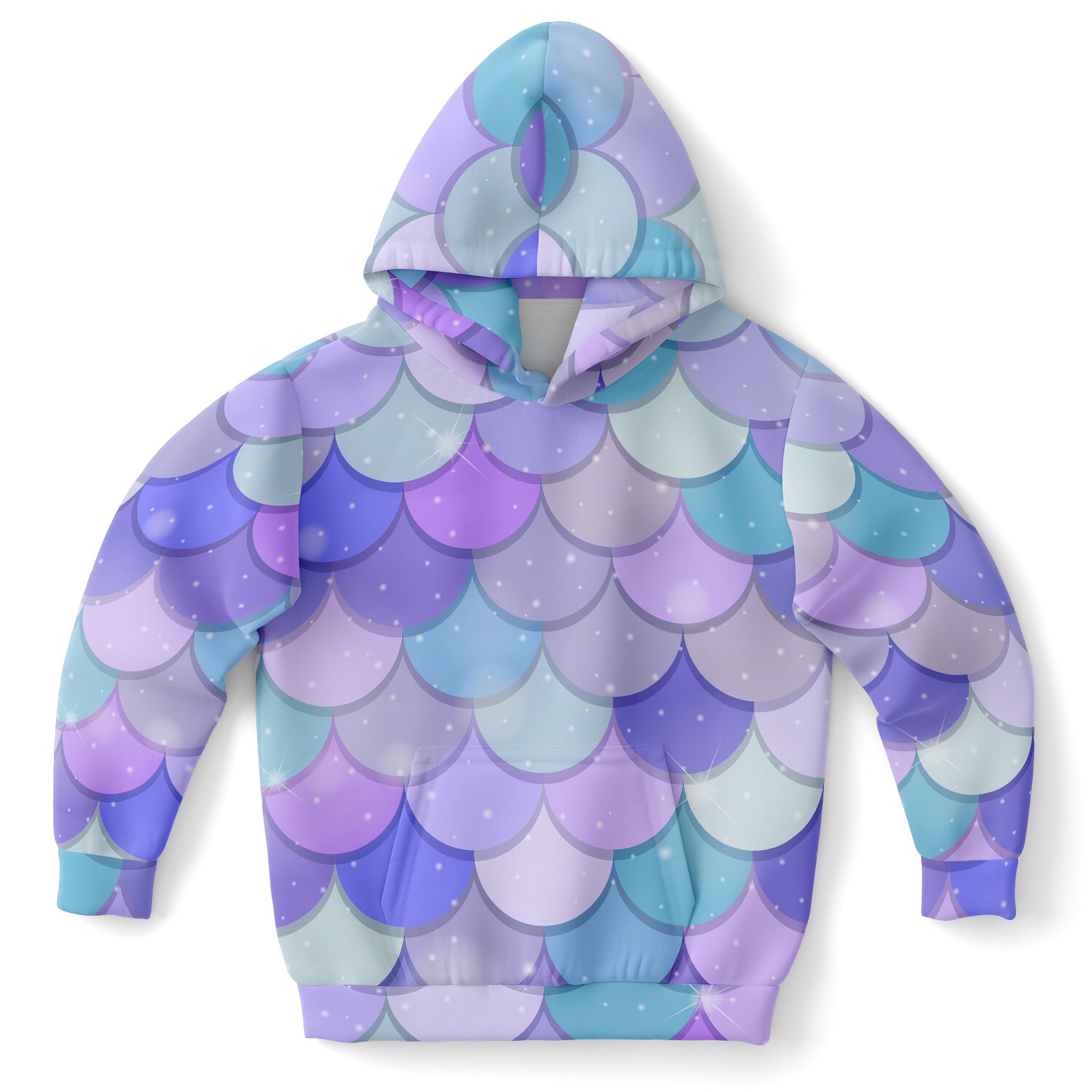 Girls purple mermaid hoodie with vibrant scale pattern in purple and blue made of cozy cotton fleece or lightweight fabric