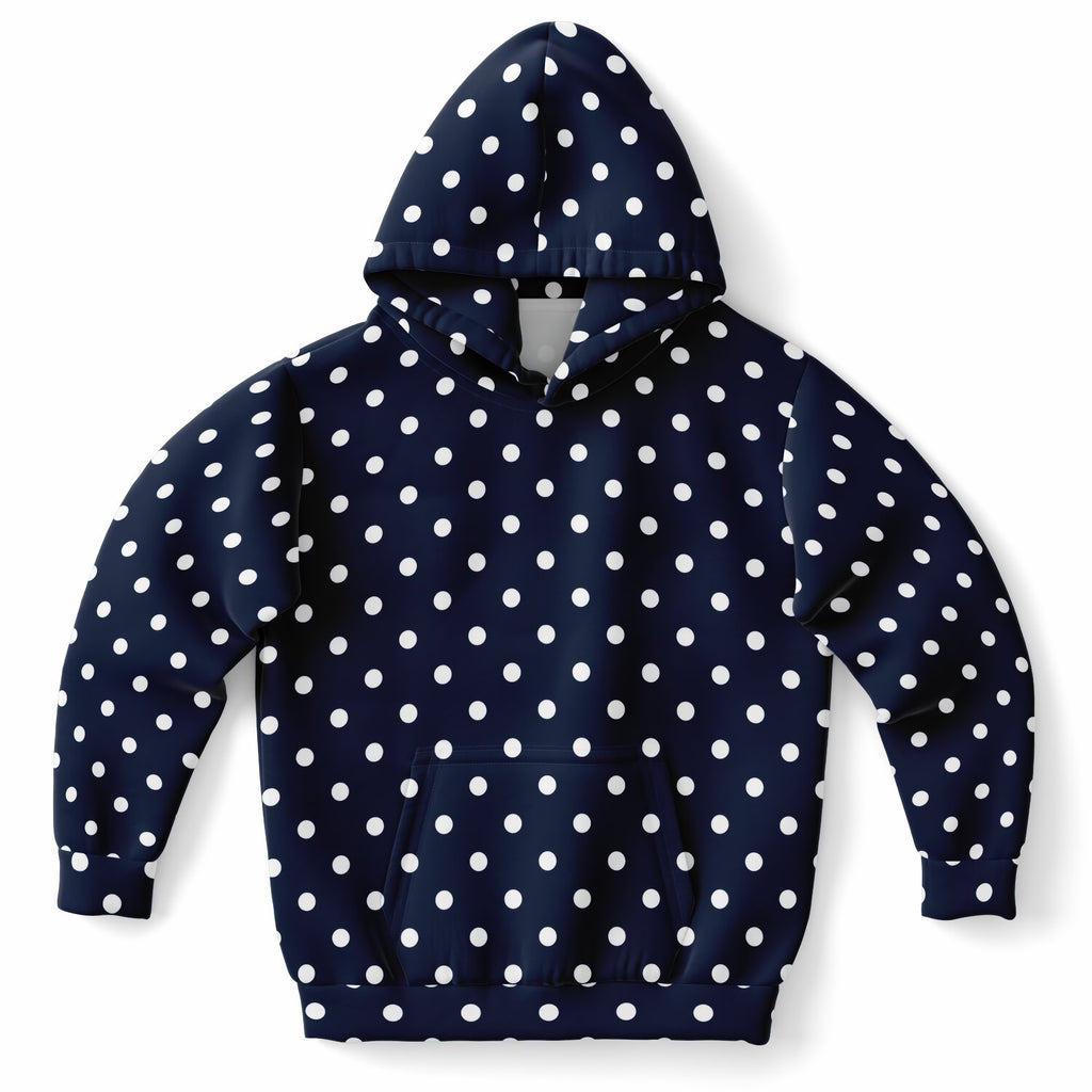 Kids Navy Blue Polka Dot Hoodie – Ultra Comfy & Stretchy, Cozy Fleece or Lightweight Sports Fabric, Double-Layer Hood & Kangaroo Pocket