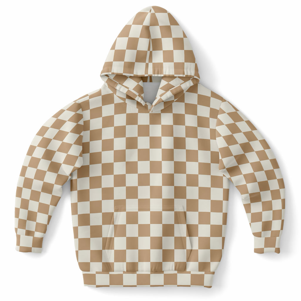 Kids Beige Checkered Hoodie – Ultra Comfy & Stretchy, Cozy Fleece or Lightweight Sports Fabric, Double-Layer Hood & Kangaroo Pocket