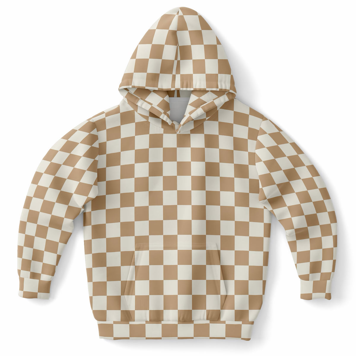 Kids Beige Checkered Hoodie – Ultra Comfy & Stretchy, Cozy Fleece or Lightweight Sports Fabric, Double-Layer Hood & Kangaroo Pocket