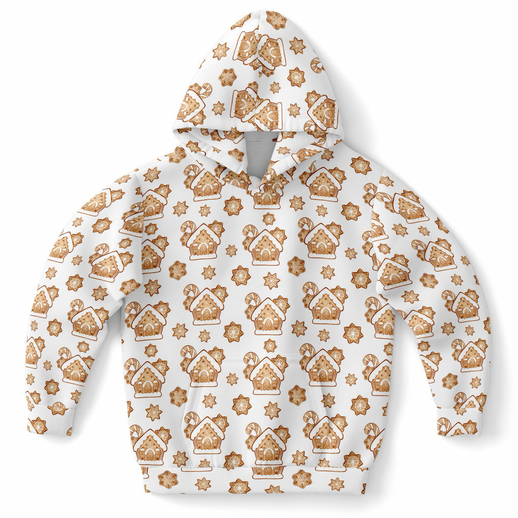 Kids Gingerbread House Christmas Hoodie – Ultra Comfy & Stretchy, Cozy Fleece or Lightweight Sports Fabric, Double-Layer Hood & Kangaroo Pocket