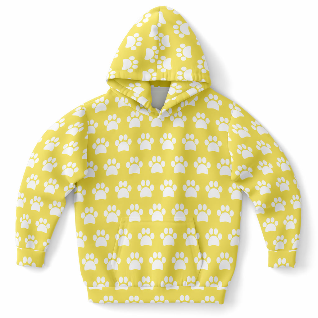 Kids Yellow Paw Print Hoodie – Ultra Comfy & Stretchy, Cozy Fleece or Lightweight Sports Fabric, Double-Layer Hood & Kangaroo Pocket