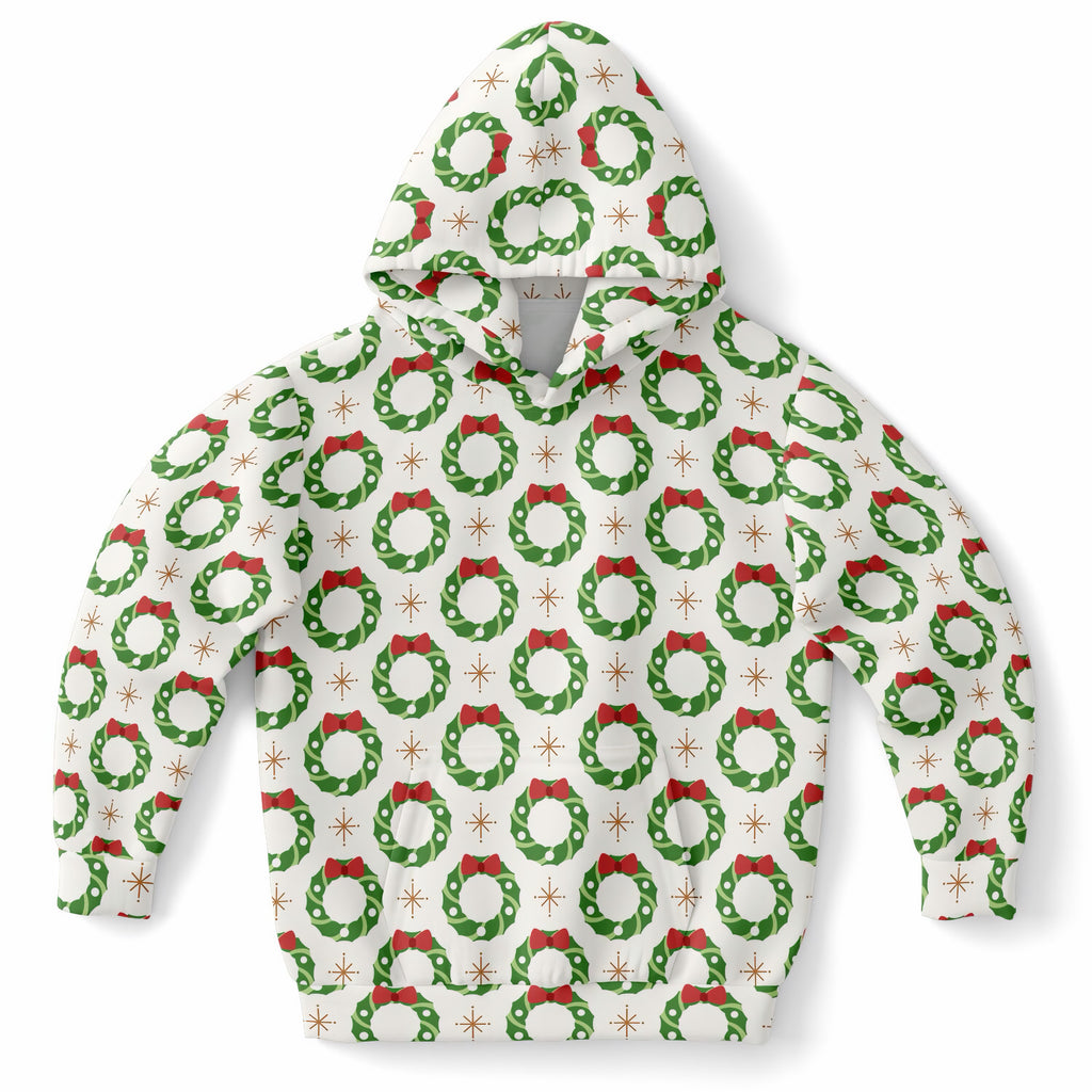 Kids Christmas Wreath Hoodie – Ultra Comfy & Stretchy, Cozy Fleece or Lightweight Sports Fabric, Double-Layer Hood & Kangaroo Pocket
