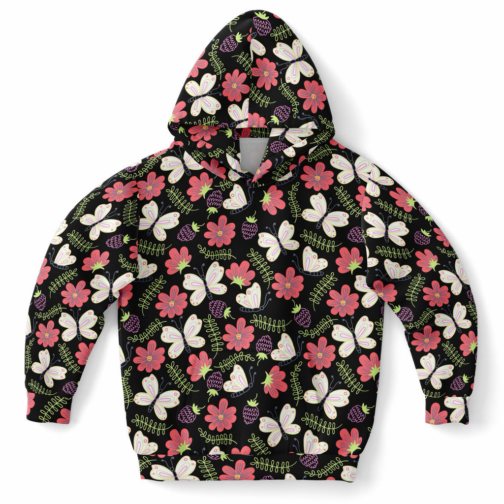 Girls Black Butterfly & Floral Hoodie – Ultra Comfy & Stretchy, Cozy Fleece or Lightweight Sports Fabric, Double-Layer Hood & Kangaroo Pocket