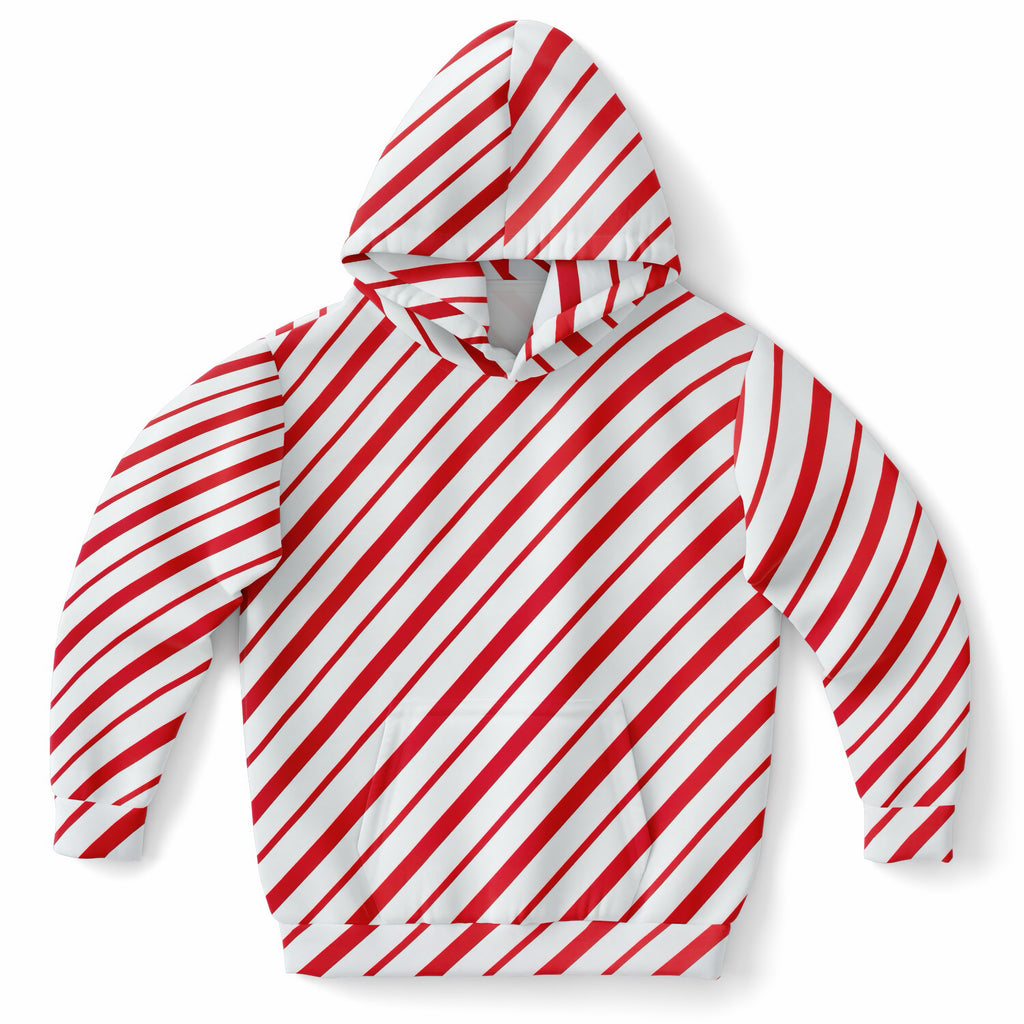 Kids Red & White Candy Cane Striped Christmas Hoodie – Ultra Comfy & Stretchy, Cozy Fleece or Lightweight Sports Fabric, Double-Layer Hood & Kangaroo Pocket