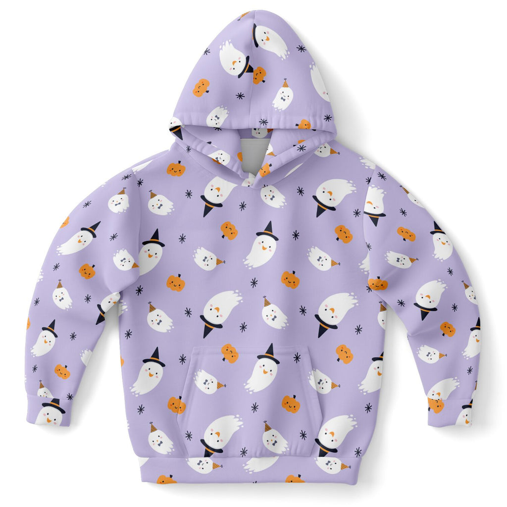 Girls witch ghost halloween hoodie in lavender cotton fleece with white ghost and pumpkin pattern for cozy wear