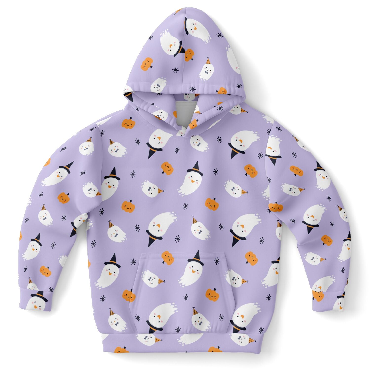 Girls witch ghost halloween hoodie in lavender cotton fleece with white ghost and pumpkin pattern for cozy wear
