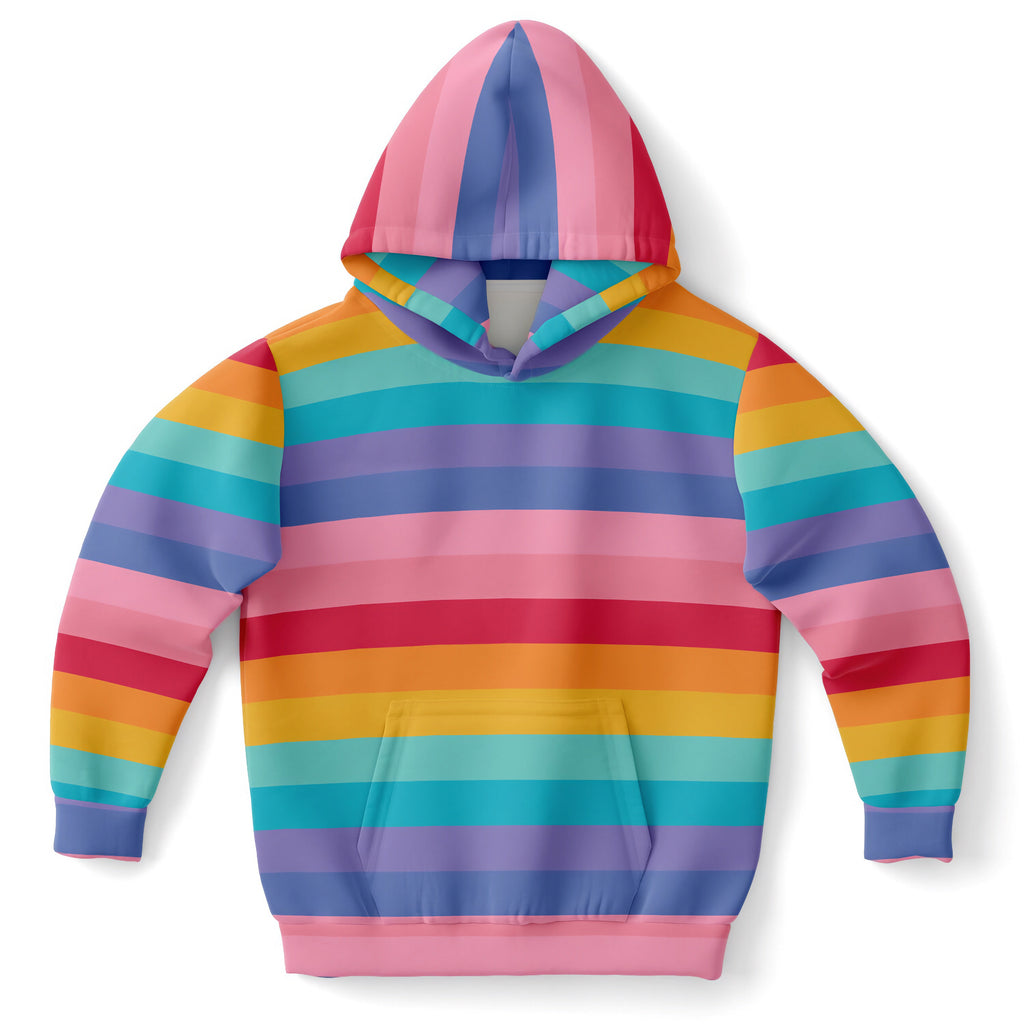 Girls striped bright rainbow hoodie with pink trim made of cozy cotton fleece or lightweight sports fabric