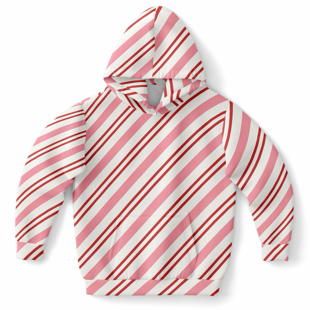Girls Pink & Red Candy Cane Christmas Hoodie – Ultra Comfy & Stretchy, Cozy Fleece or Lightweight Sports Fabric, Double-Layer Hood & Kangaroo Pocket