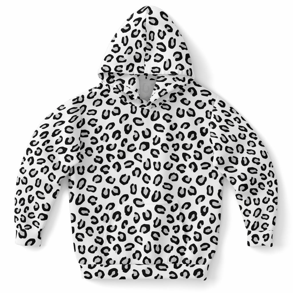 Kids Black & White Leopard Print Hoodie – Ultra Comfy & Stretchy, Cozy Fleece or Lightweight Sports Fabric, Double-Layer Hood & Kangaroo Pocket