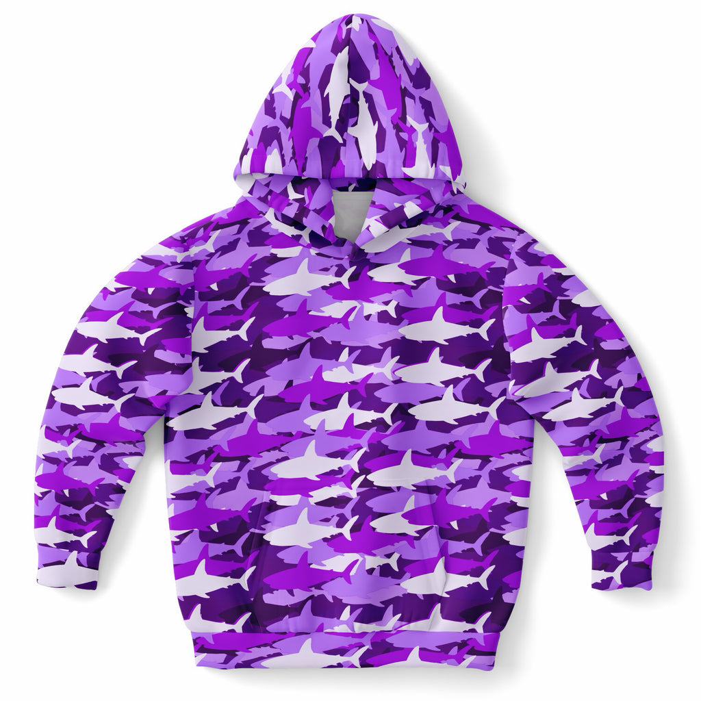 Girls Purple Shark Camouflage Hoodie – Ultra Comfy & Stretchy, Cozy Fleece or Lightweight Sports Fabric, Double-Layer Hood & Kangaroo Pocket