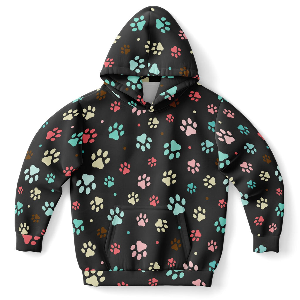 Black kids paw print hoodie with colorful cartoon paw prints in pink teal cream and brown made of cozy cotton fleece