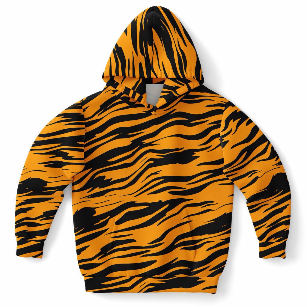 Kids Orange Tiger Stripe Hoodie – Ultra Comfy & Stretchy, Cozy Fleece or Lightweight Sports Fabric, Double-Layer Hood & Kangaroo Pocket