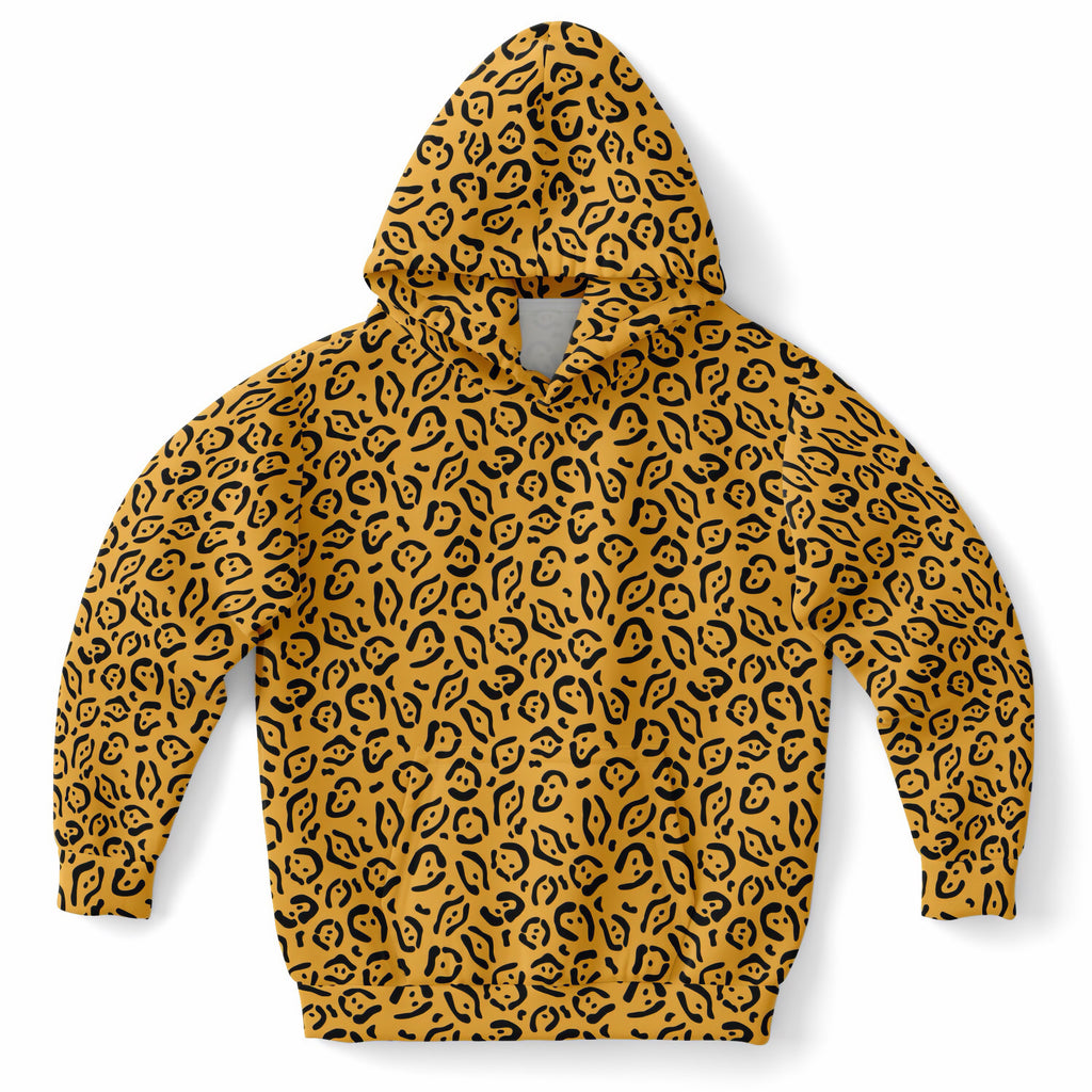 Girls Golden Yellow Leopard Print Hoodie – Ultra Comfy & Stretchy, Cozy Fleece or Lightweight Sports Fabric, Double-Layer Hood & Kangaroo Pocket