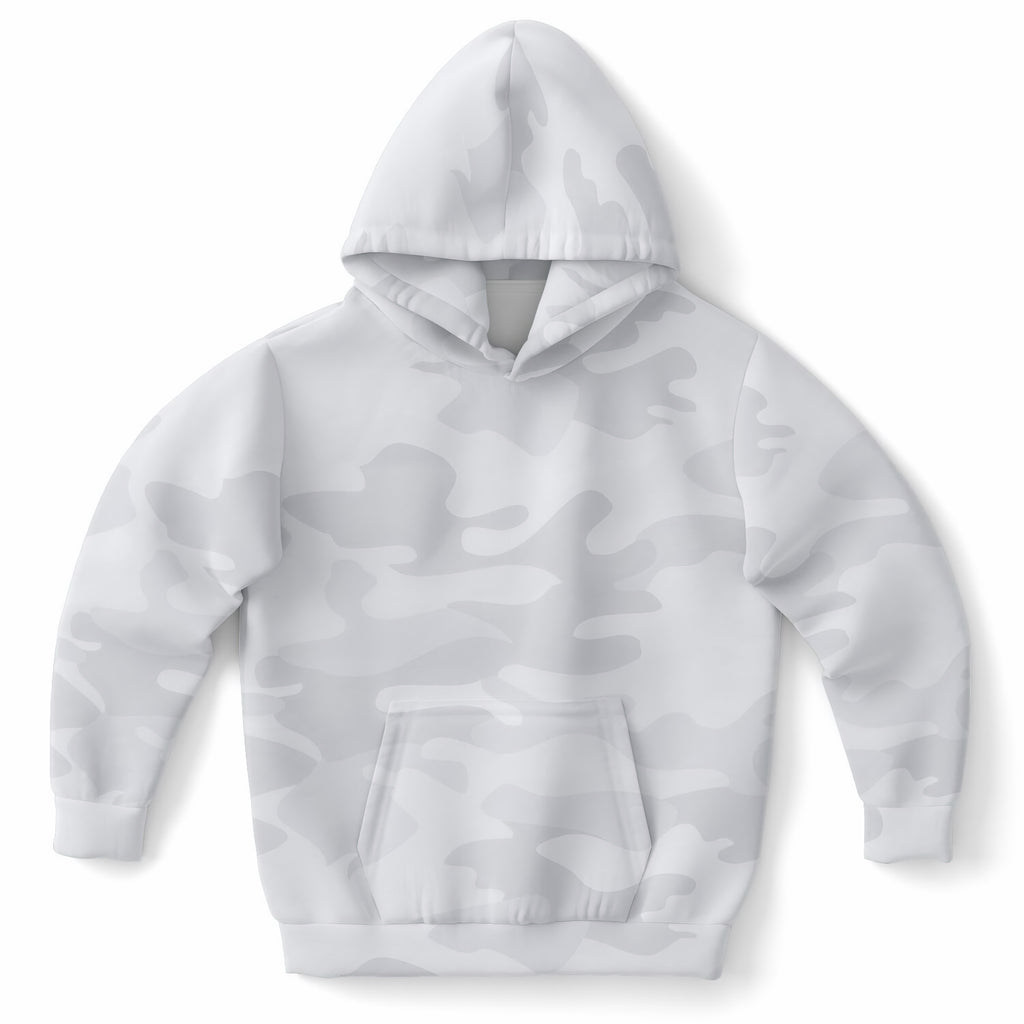 Kids White and Gray Camouflage Hoodie – Ultra Comfy & Stretchy, Cozy Fleece or Lightweight Sports Fabric, Double-Layer Hood & Kangaroo Pocket