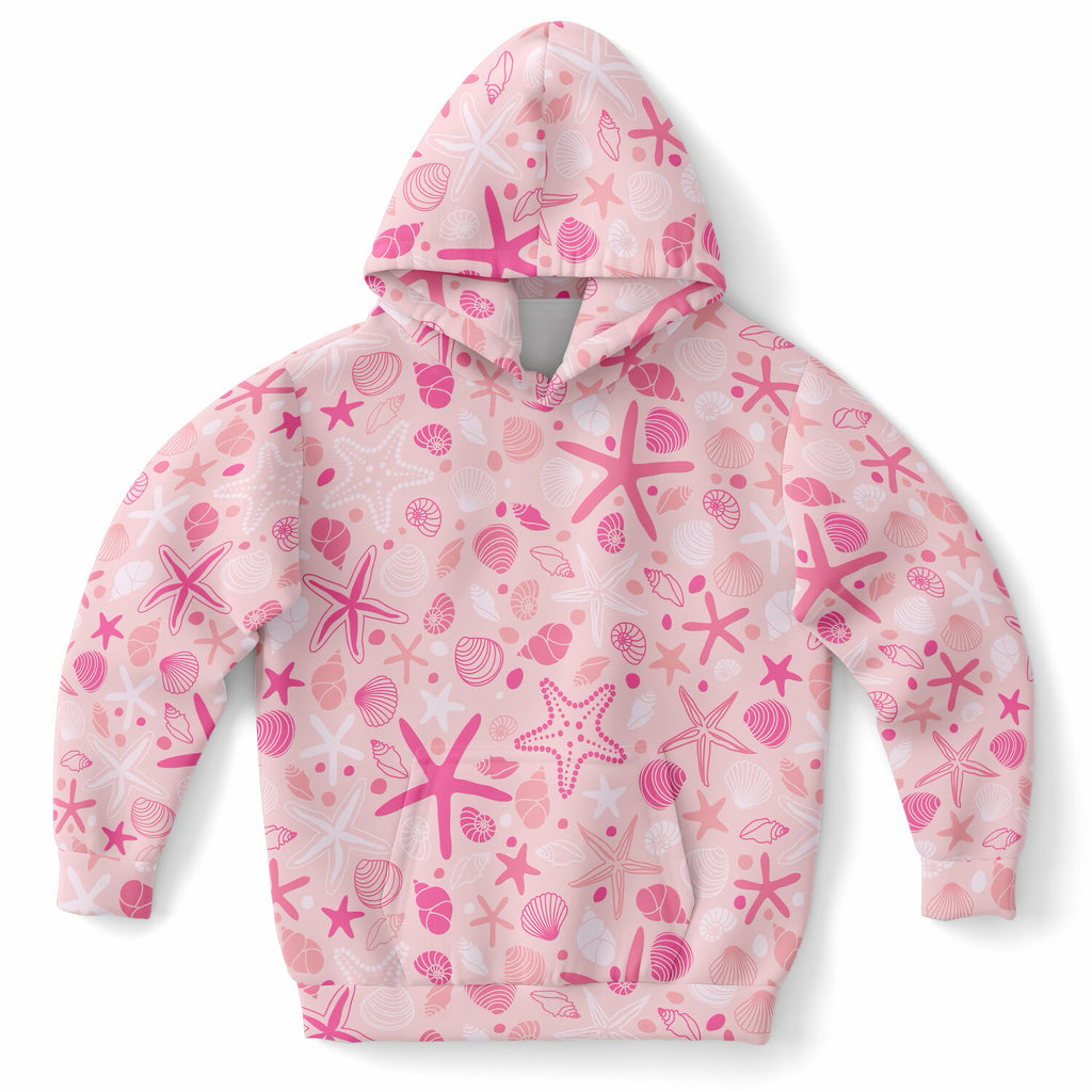 Girls Pink Starfish & Shells Hoodie – Ultra Comfy & Stretchy, Cozy Fleece or Lightweight Sports Fabric, Double-Layer Hood & Kangaroo Pocket