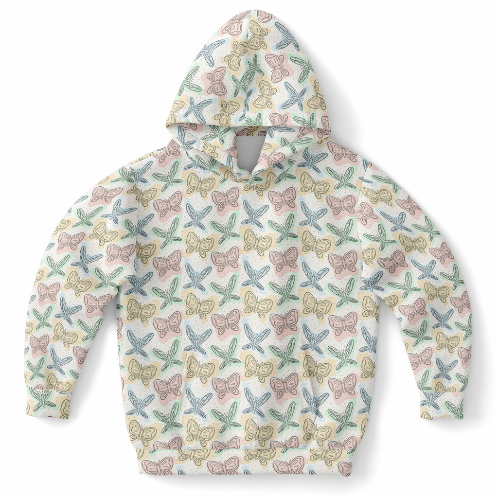 Kids Pastel Butterfly & Dragonfly Hoodie – Ultra Comfy & Stretchy, Cozy Fleece or Lightweight Sports Fabric, Double-Layer Hood & Kangaroo Pocket
