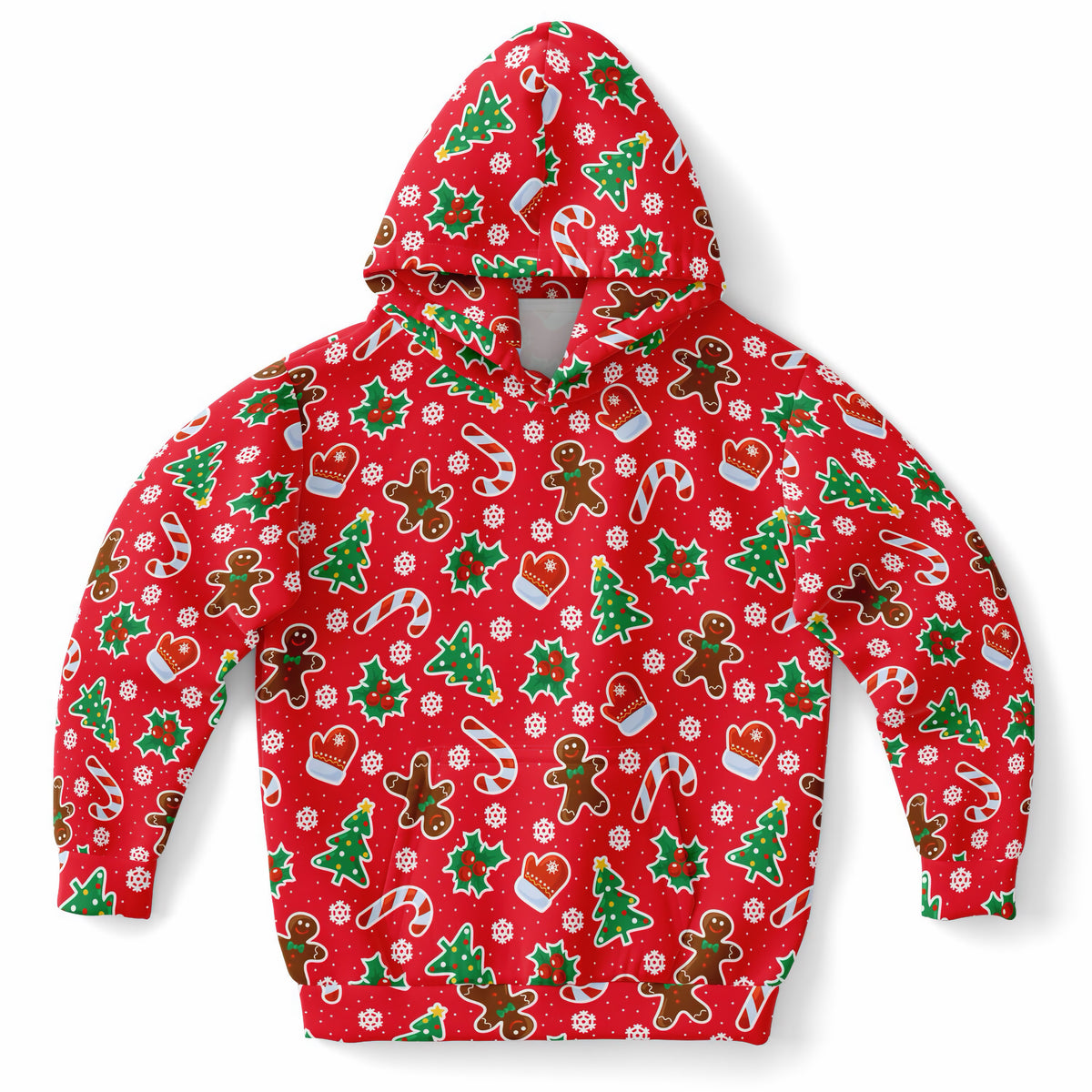 Kids Red Christmas Icons Hoodie – Ultra Comfy & Stretchy, Cozy Fleece or Lightweight Sports Fabric, Double-Layer Hood & Kangaroo Pocket