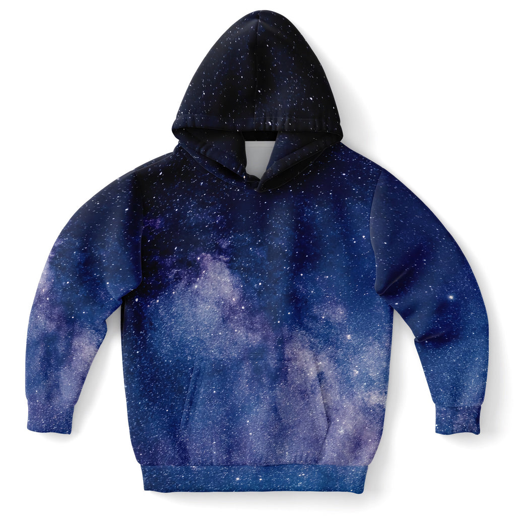 Kids navy blue hoodie with full milky way galaxy print in purple white and deep blue cotton fleece or sports fabric