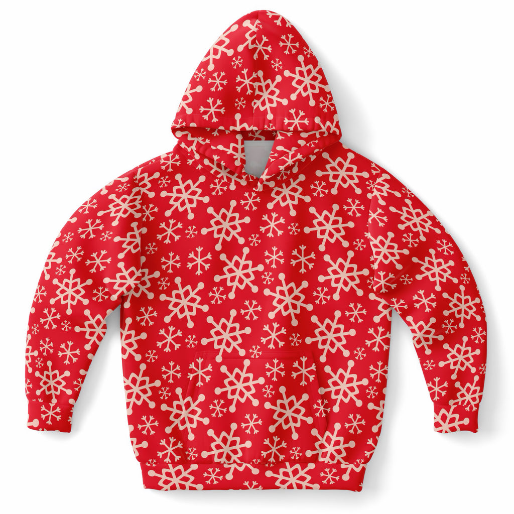 Kids Red Snowflake Christmas Hoodie – Ultra Comfy & Stretchy, Cozy Fleece or Lightweight Sports Fabric, Double-Layer Hood & Kangaroo Pocket