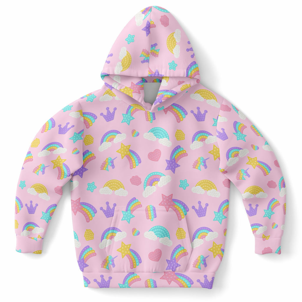 Girls Pink Rainbow Fidget Toy Themed Hoodie – Ultra Comfy & Stretchy, Cozy Fleece or Lightweight Sports Fabric, Double-Layer Hood & Kangaroo Pocket