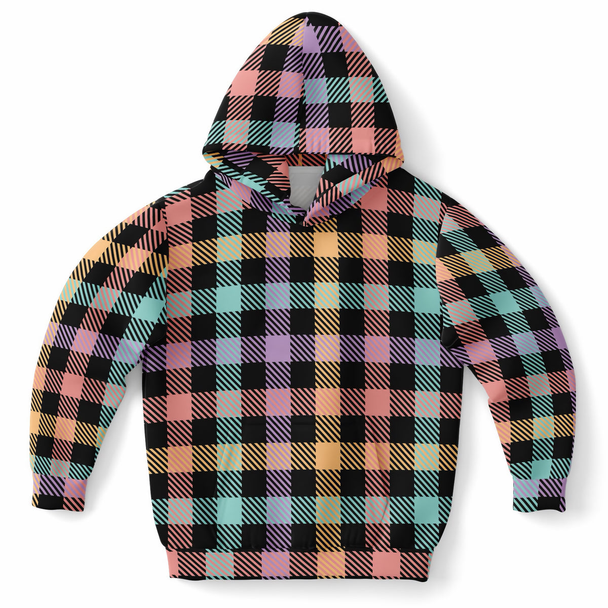 Girls Colorful Black Pastel Plaid Hoodie – Ultra Comfy & Stretchy, Cozy Fleece or Lightweight Sports Fabric, Double-Layer Hood & Kangaroo Pocket