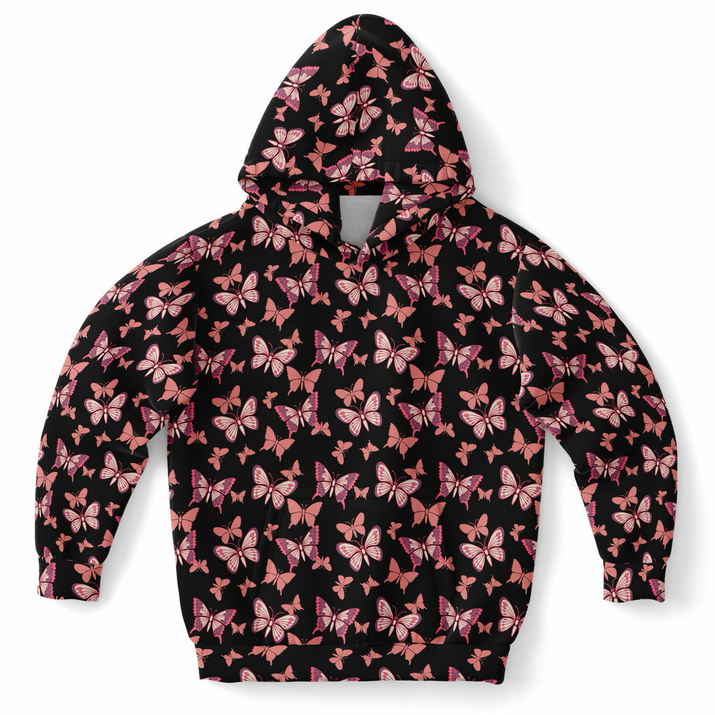 Girls Vibrant Pink Butterfly Hoodie – Ultra Comfy & Stretchy, Cozy Fleece or Lightweight Sports Fabric, Double-Layer Hood & Kangaroo Pocket