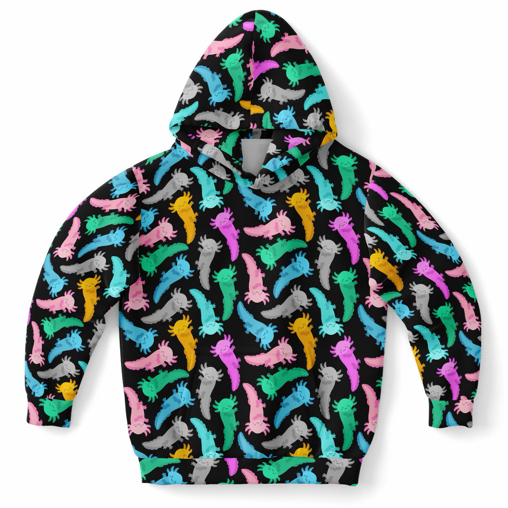 Kids Colorful Axolotl Hoodie – Ultra Comfy & Stretchy, Cozy Fleece or Lightweight Sports Fabric, Double-Layer Hood & Kangaroo Pocket