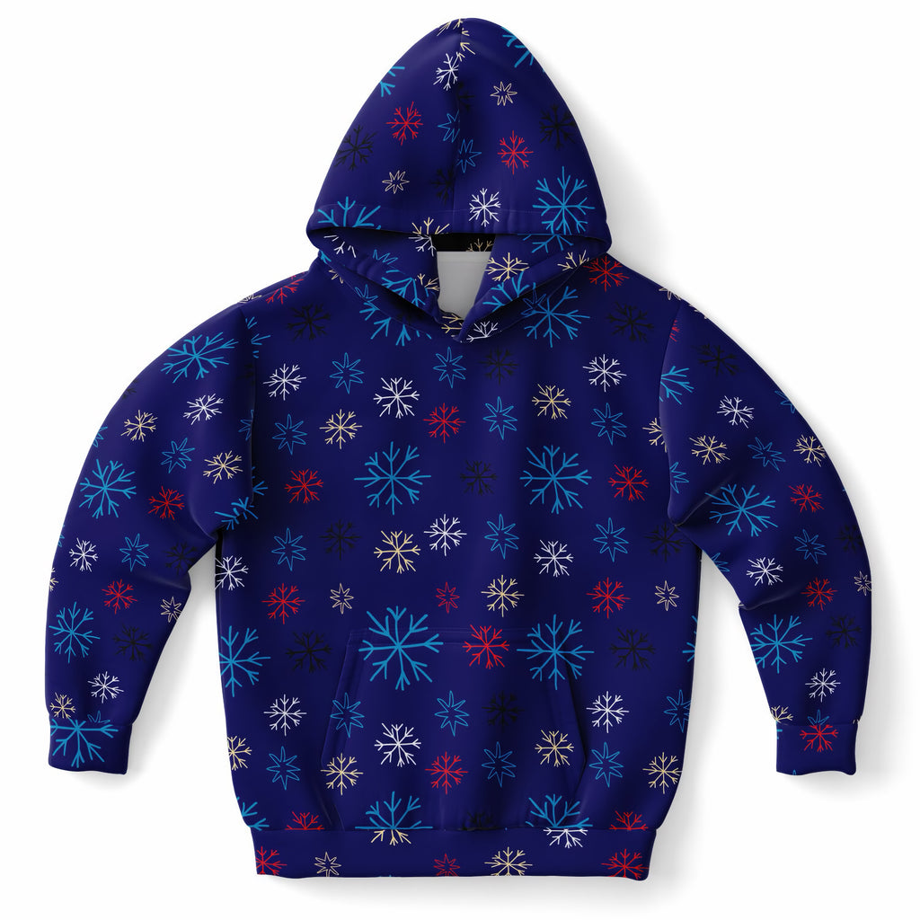 Kids Colorful Blue Snowflake Hoodie – Ultra Comfy & Stretchy, Cozy Fleece or Lightweight Sports Fabric, Double-Layer Hood & Kangaroo Pocket