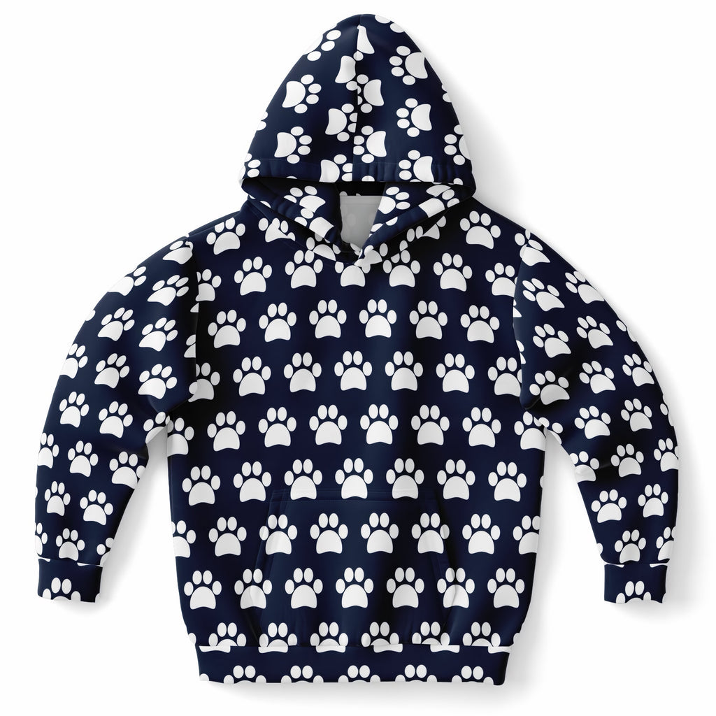 Kids Navy Blue Paw Print Hoodie – Ultra Comfy & Stretchy, Cozy Fleece or Lightweight Sports Fabric, Double-Layer Hood & Kangaroo Pocket