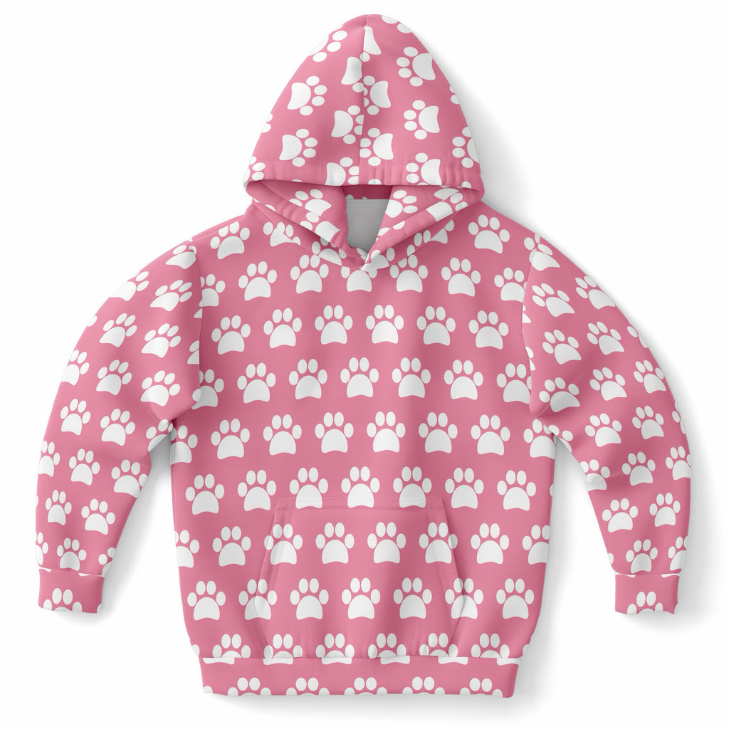 Girls Pink Paw Print Hoodie – Ultra Comfy & Stretchy, Cozy Fleece or Lightweight Sports Fabric, Double-Layer Hood & Kangaroo Pocket