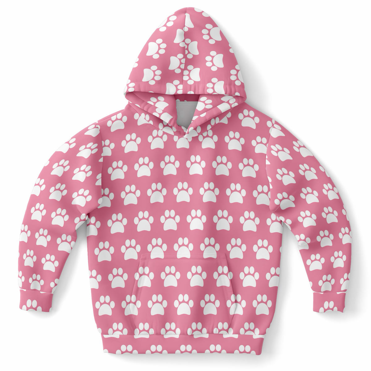 Girls Pink Paw Print Hoodie – Ultra Comfy & Stretchy, Cozy Fleece or Lightweight Sports Fabric, Double-Layer Hood & Kangaroo Pocket