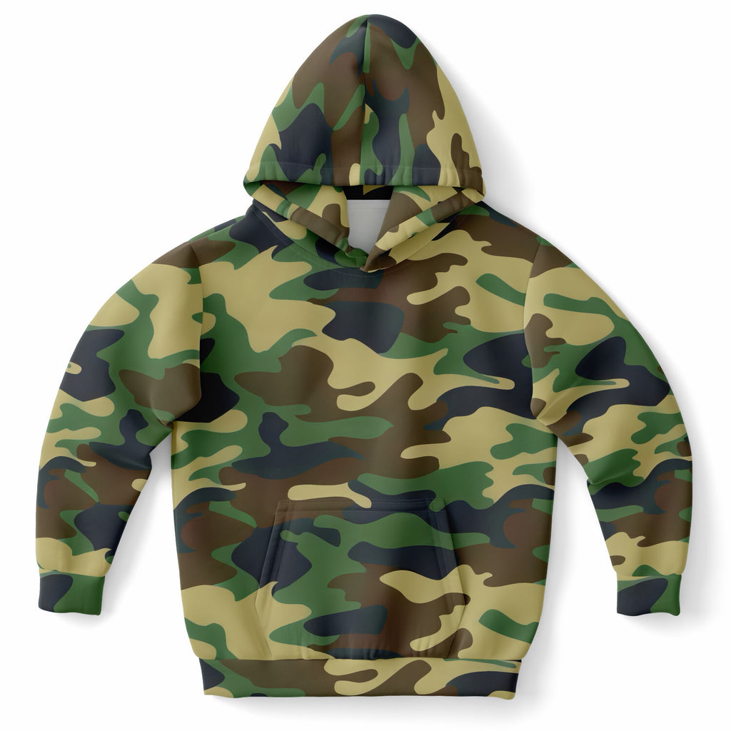 Kids Green Classic Woodland Camouflage Hoodie – Ultra Comfy & Stretchy, Cozy Fleece or Lightweight Sports Fabric, Double-Layer Hood & Kangaroo Pocket