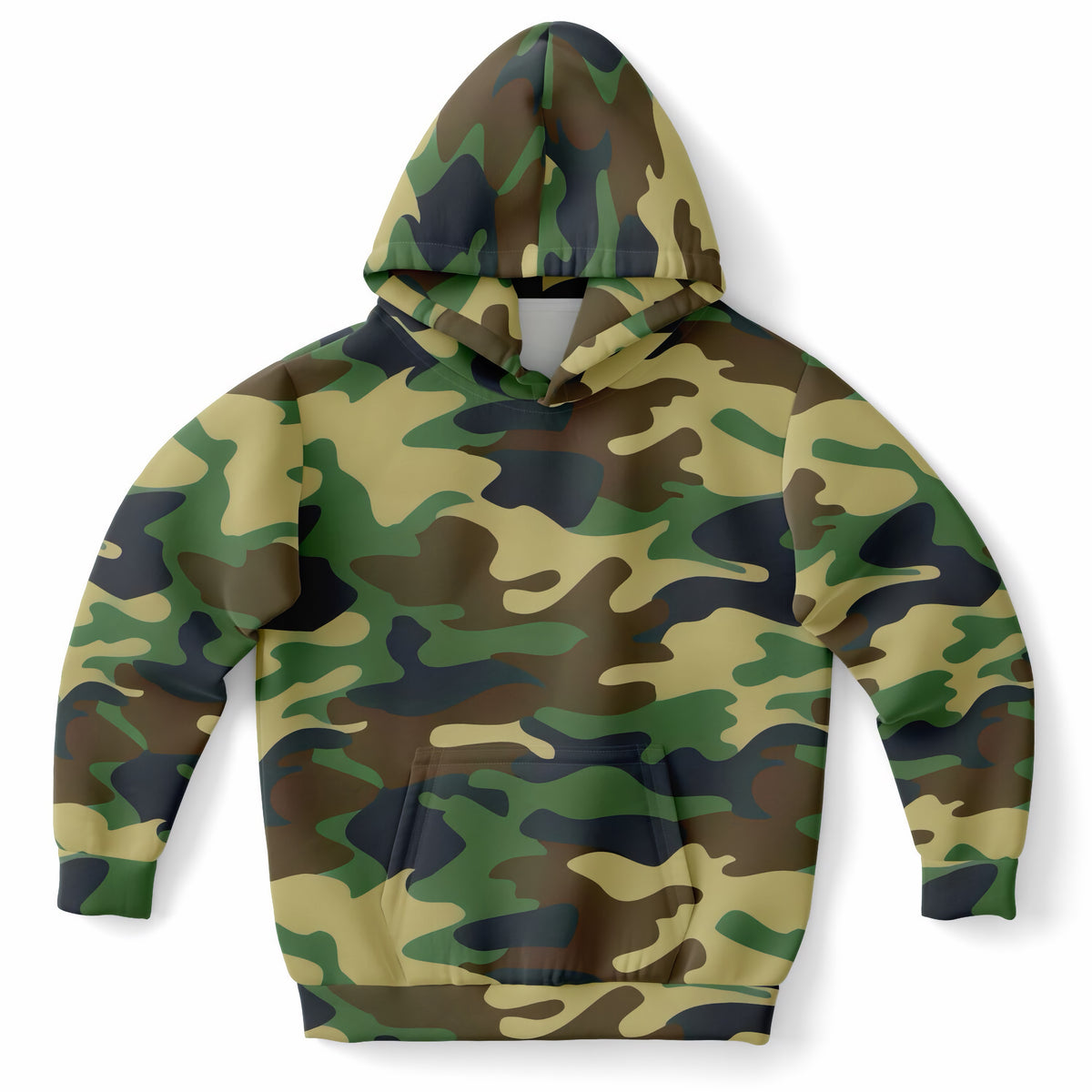 Kids Green Classic Woodland Camouflage Hoodie – Ultra Comfy & Stretchy, Cozy Fleece or Lightweight Sports Fabric, Double-Layer Hood & Kangaroo Pocket
