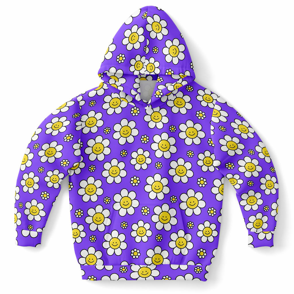 Girls Purple Smile Daisy Hoodie – Ultra Comfy & Stretchy, Cozy Fleece or Lightweight Sports Fabric, Double-Layer Hood & Kangaroo Pocket