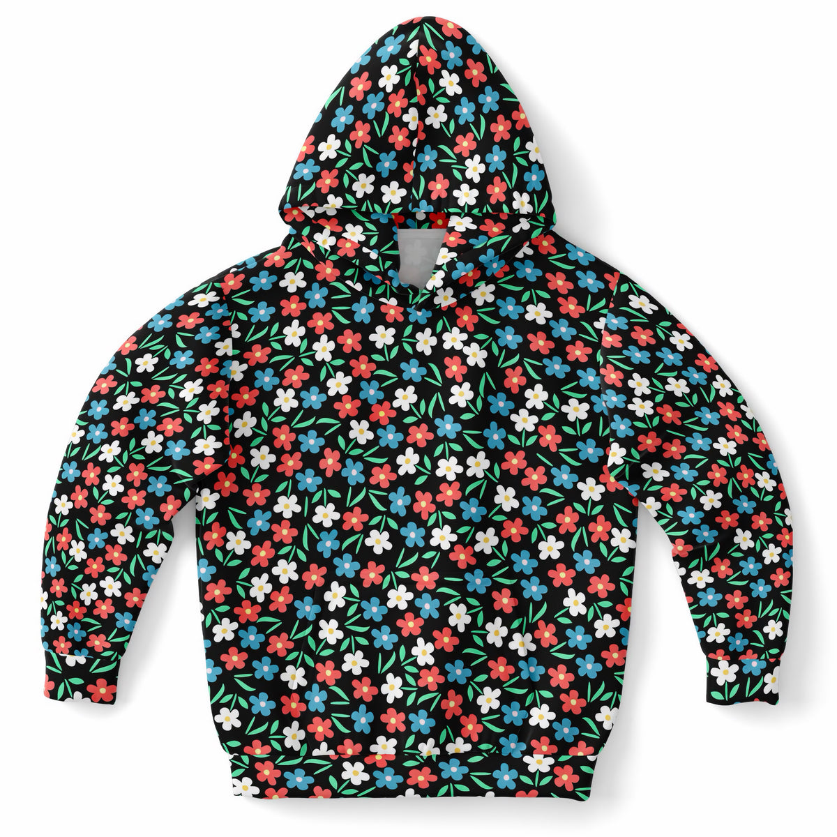 Girls Bright Red, Blue & White Flowers Hoodie – Ultra Comfy & Stretchy, Cozy Fleece or Lightweight Sports Fabric, Double-Layer Hood & Kangaroo Pocket