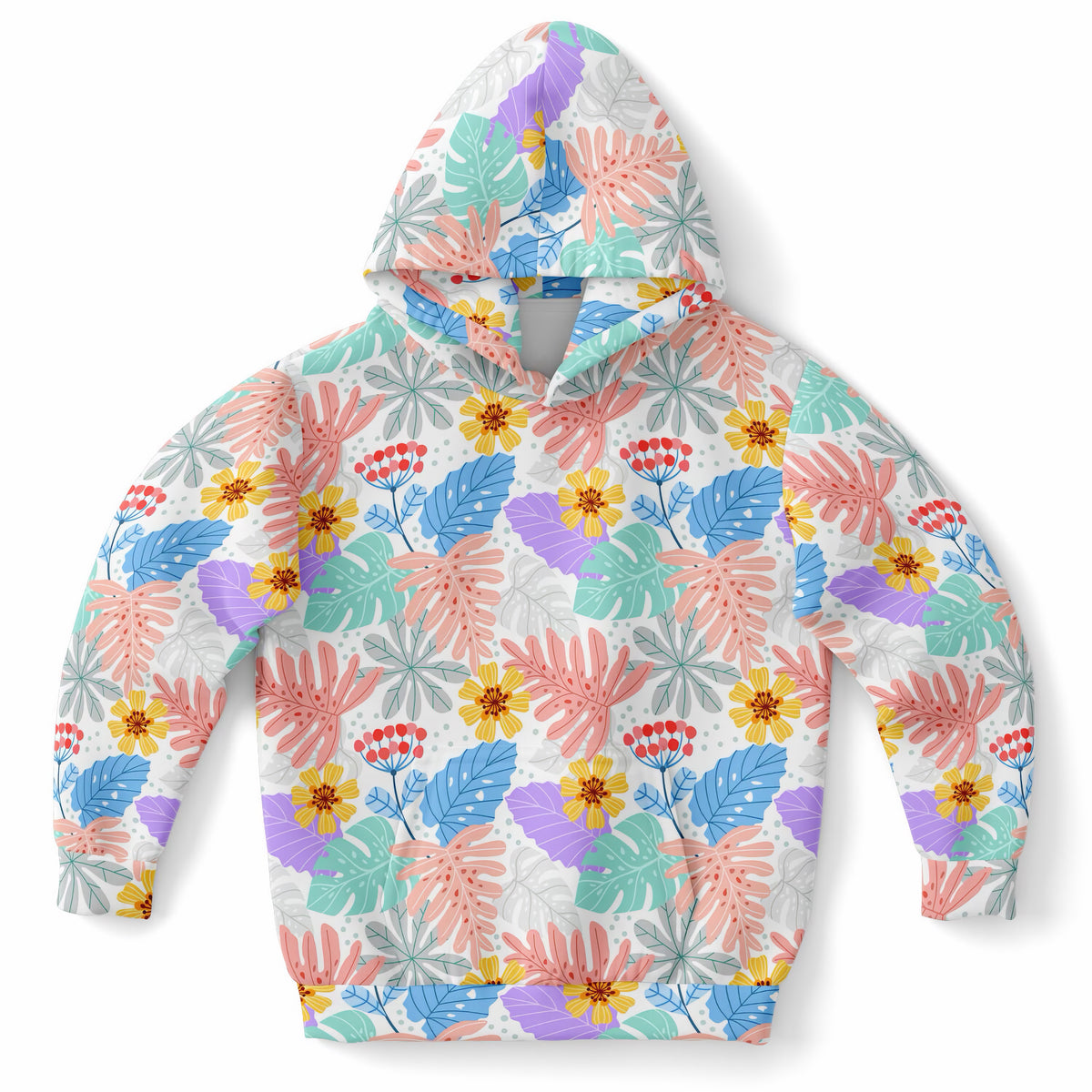 Girls Colorful Tropical Floral Hoodie – Ultra Comfy & Stretchy, Cozy Fleece or Lightweight Sports Fabric, Double-Layer Hood & Kangaroo Pocket