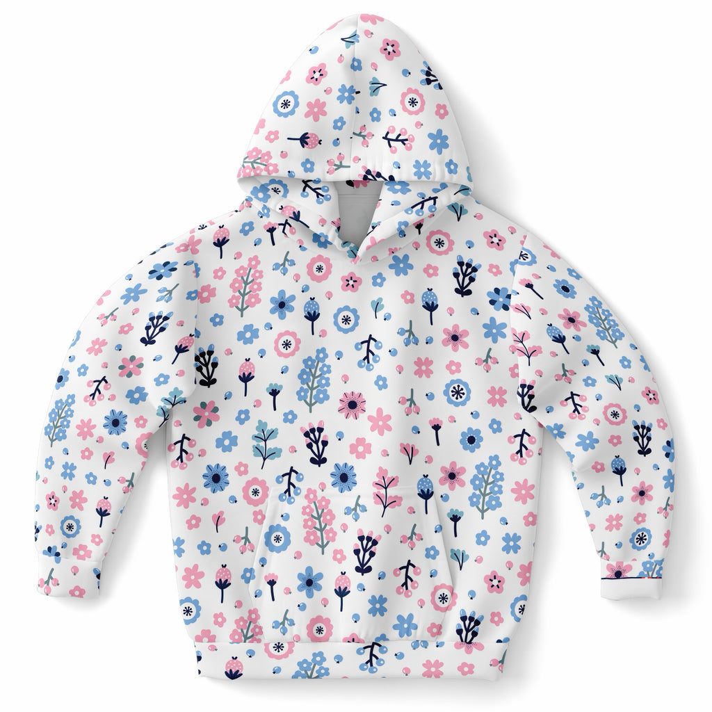 Girls Pink & Blue Floral Hoodie – Ultra Comfy & Stretchy, Cozy Fleece or Lightweight Sports Fabric, Double-Layer Hood & Kangaroo Pocket