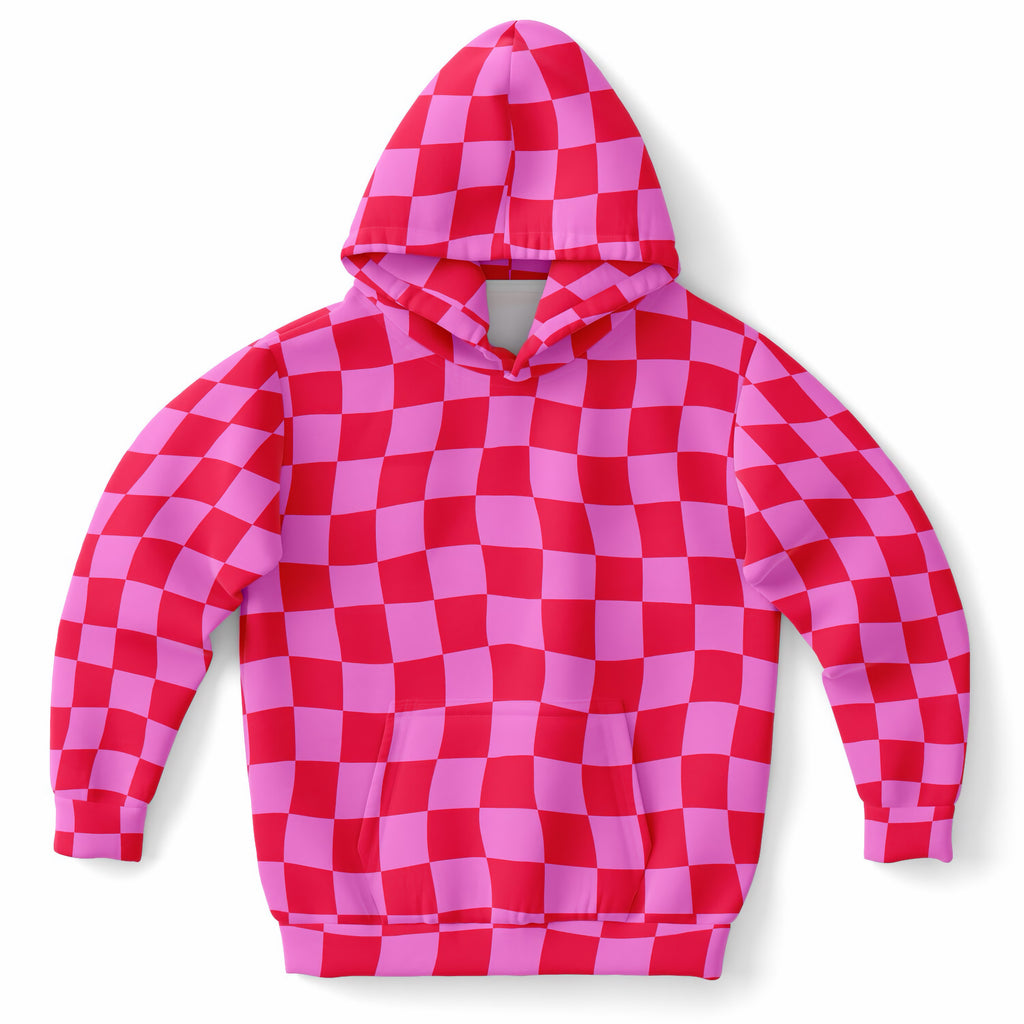 Girls Bright Pink Checkered Hoodie – Ultra Comfy & Stretchy, Cozy Fleece or Lightweight Sports Fabric, Double-Layer Hood & Kangaroo Pocket