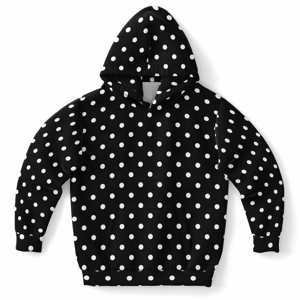Kids Black Polka Dot Hoodie – Ultra Comfy & Stretchy, Cozy Fleece or Lightweight Sports Fabric, Double-Layer Hood & Kangaroo Pocket