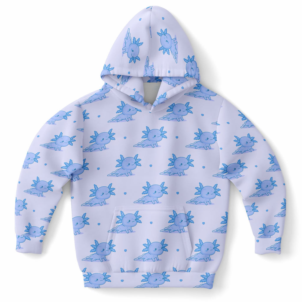 Kids Blue Axolotl Hoodie – Ultra Comfy & Stretchy, Cozy Fleece or Lightweight Sports Fabric, Double-Layer Hood & Kangaroo Pocket