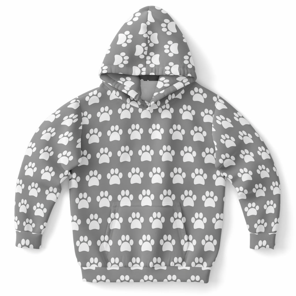 Kids Gray Paw Print Hoodie – Ultra Comfy & Stretchy, Cozy Fleece or Lightweight Sports Fabric, Double-Layer Hood & Kangaroo Pocket
