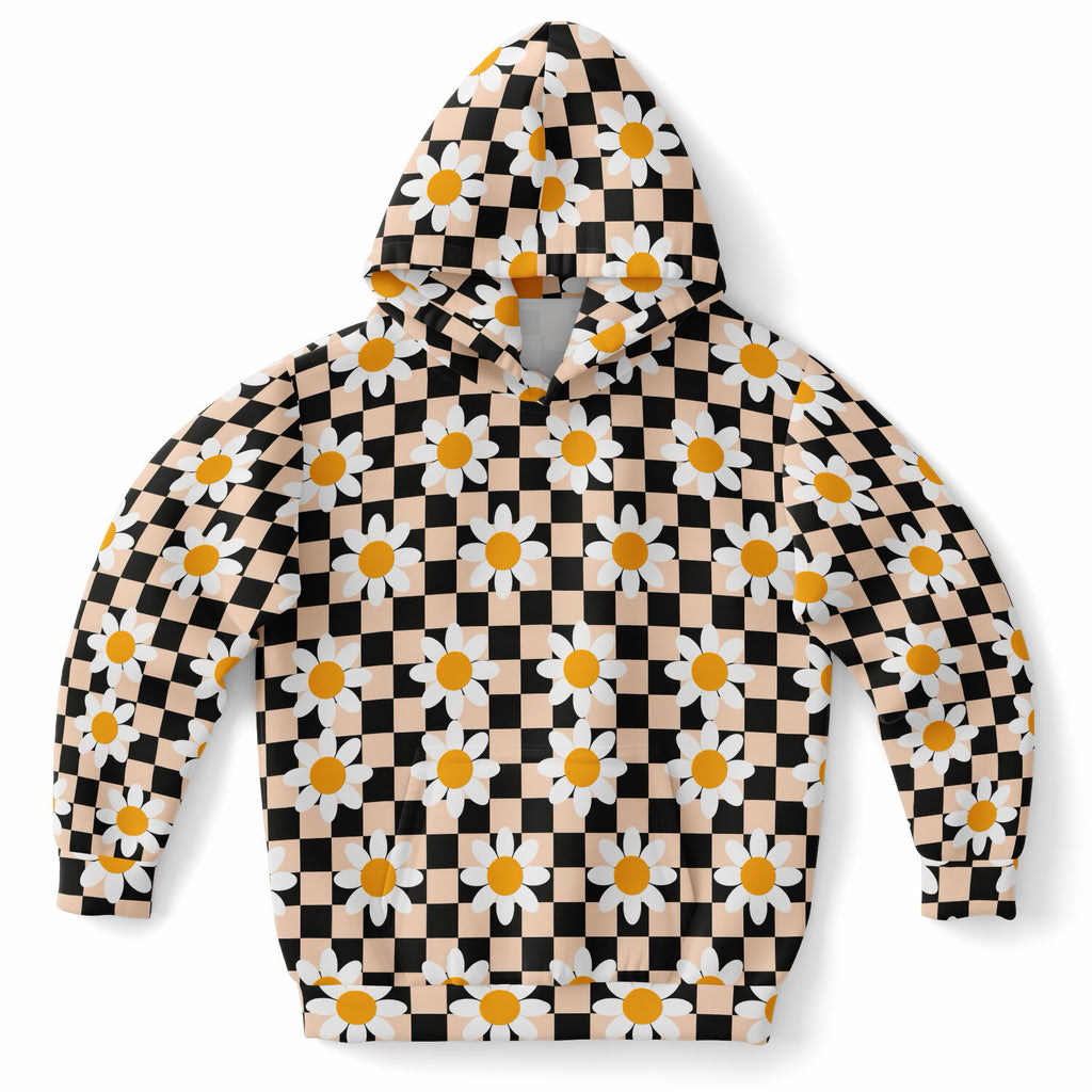 Girls Daisy Checkered Hoodie – Ultra Comfy & Stretchy, Cozy Fleece or Lightweight Sports Fabric, Double-Layer Hood & Kangaroo Pocket